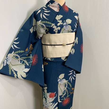 撫松庵　ネイティブフラワー　紺　セオα　浴衣　夏着物