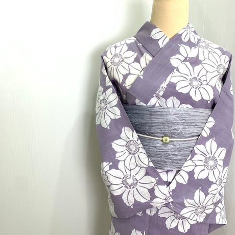 つやび×雅姫　藤紫　クレマチス　綿麻　注染　浴衣