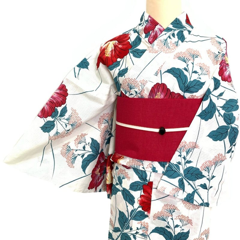 そしてゆめ 綿浴衣 芙蓉 白地 赤 | 和gen