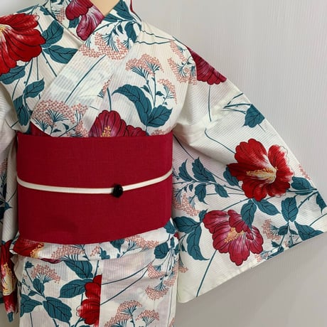 そしてゆめ　綿浴衣　芙蓉　白地　赤