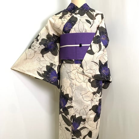 夢千代　綿麻　生成り　百合　浴衣