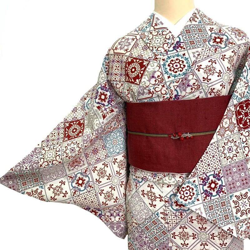撫松庵 セオα 浴衣 夏着物 タイル 白地 赤 | 和gen