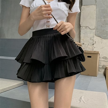 ケーキスカート   ハイウエスト   Aライン   ダブル プリーツスカート  ミニスカート