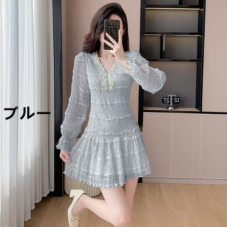 ラッフル シフォンワンピース フリル Vネックワンピース 長袖 ミニドレス キャンディスリーブ ショート