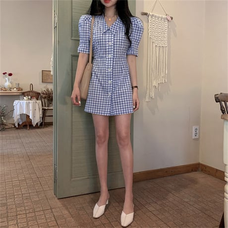 クールな中に甘さを添えて 小さい新鮮な 単体ボタン 格子縞 ワンピース  ミニスカート