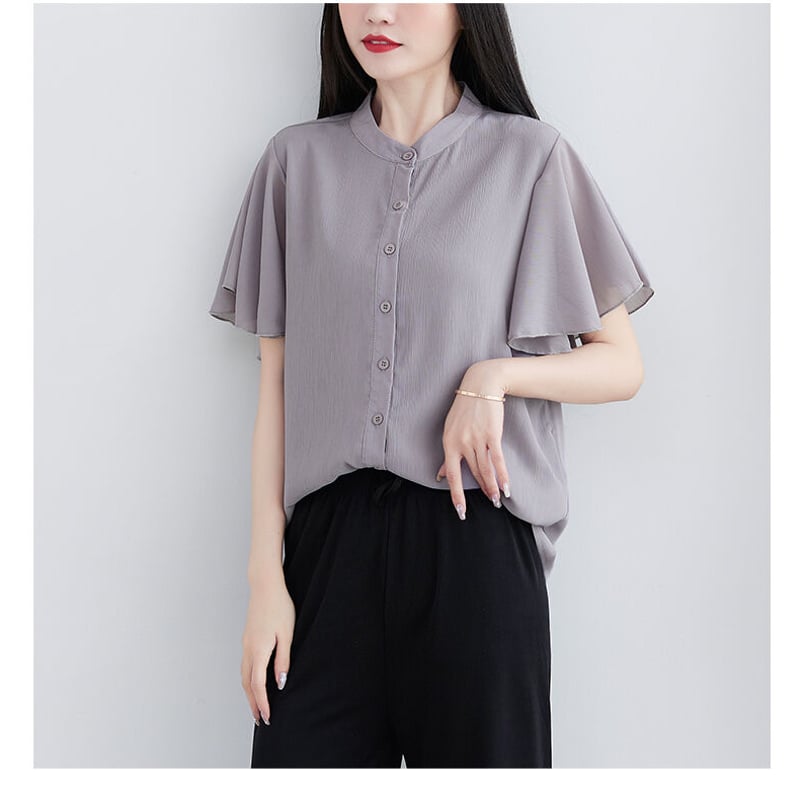 ふんわり袖 ブラウス シャツ 半袖 バンドカラー シフォン 着回し 日常