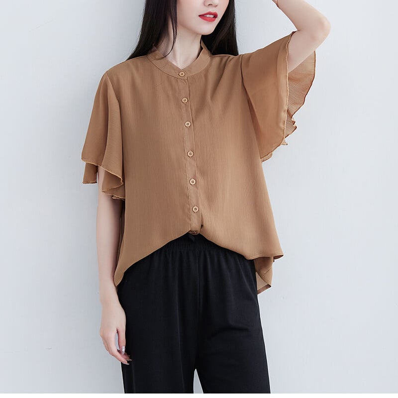 ふんわり袖 ブラウス シャツ 半袖 バンドカラー シフォン 着回し 日常