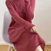 裾フリンジ付き リブニットワンピース秋冬