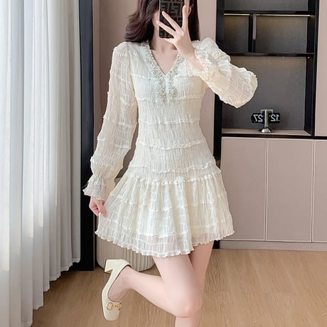 ラッフル シフォンワンピース フリル Vネックワンピース 長袖 ミニドレス キャンディスリーブ ショート