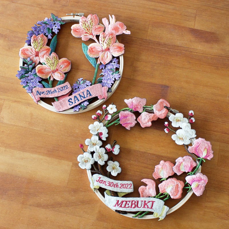 命名刺繍リース〈梅とスイートピー〉 | ami embroidery