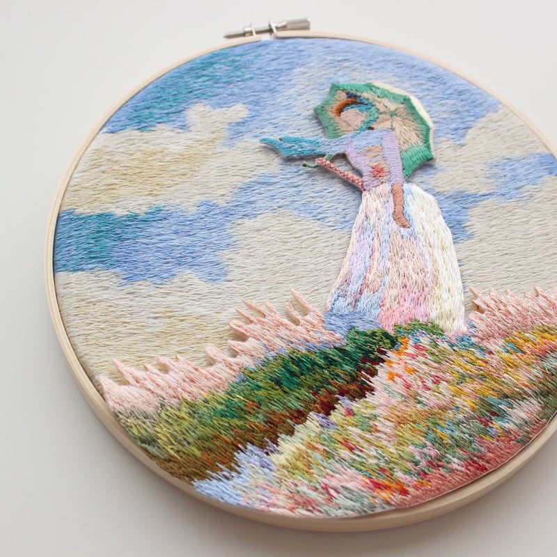 フランス刺繍　翁　壁掛け　刺繍 日傘を持つ女の壁掛け刺繍 | ami embroidery