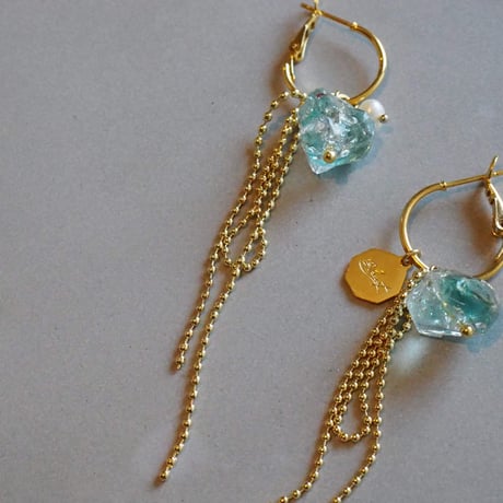 Sea Calm-Sea glass × Gold chain Pierce＆Earring