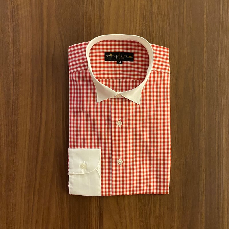 ギンガムチェック柄ウイングカラーシャツ【レッド×ホワイト