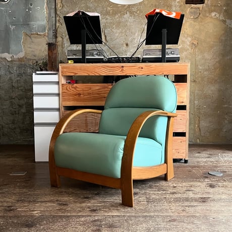 JAPAN USED WOODEN FLAME VINYL LEATHER ARMCHAIR