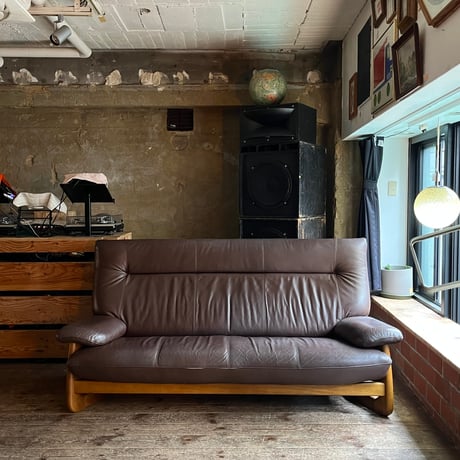 JAPAN USED  “浜本工芸” WOODEN FRAME GENIUS LEATHER 3P SOFA
