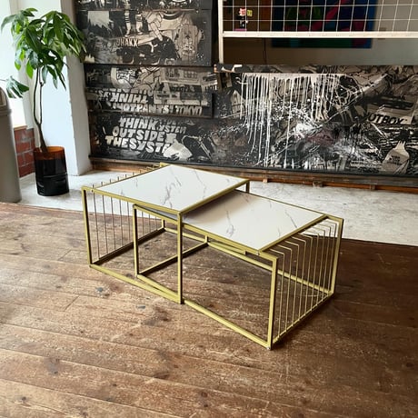 USED STEEL LEG WOODEN TOP BOARD NEST TABLE