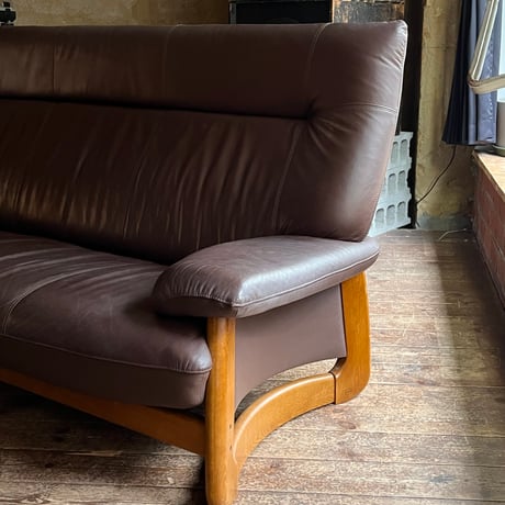 JAPAN USED  “浜本工芸” WOODEN FRAME GENIUS LEATHER 3P SOFA