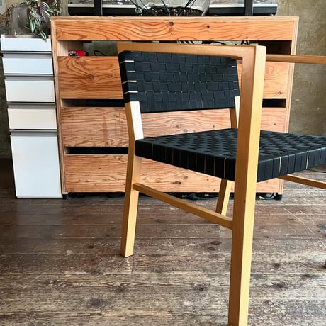 USED WEBBING TAPE WOODEN ARM CHAIR