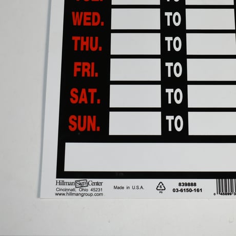 USED "HILLMAN SIGN CENTER" BUSINESS HOURS SIGN BOARD