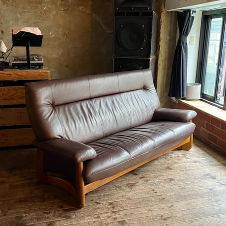 JAPAN USED  “浜本工芸” WOODEN FRAME GENIUS LEATHER 3P SOFA
