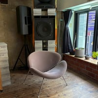 USED METAL FRAME SUEDE LOUNGE CHAIR