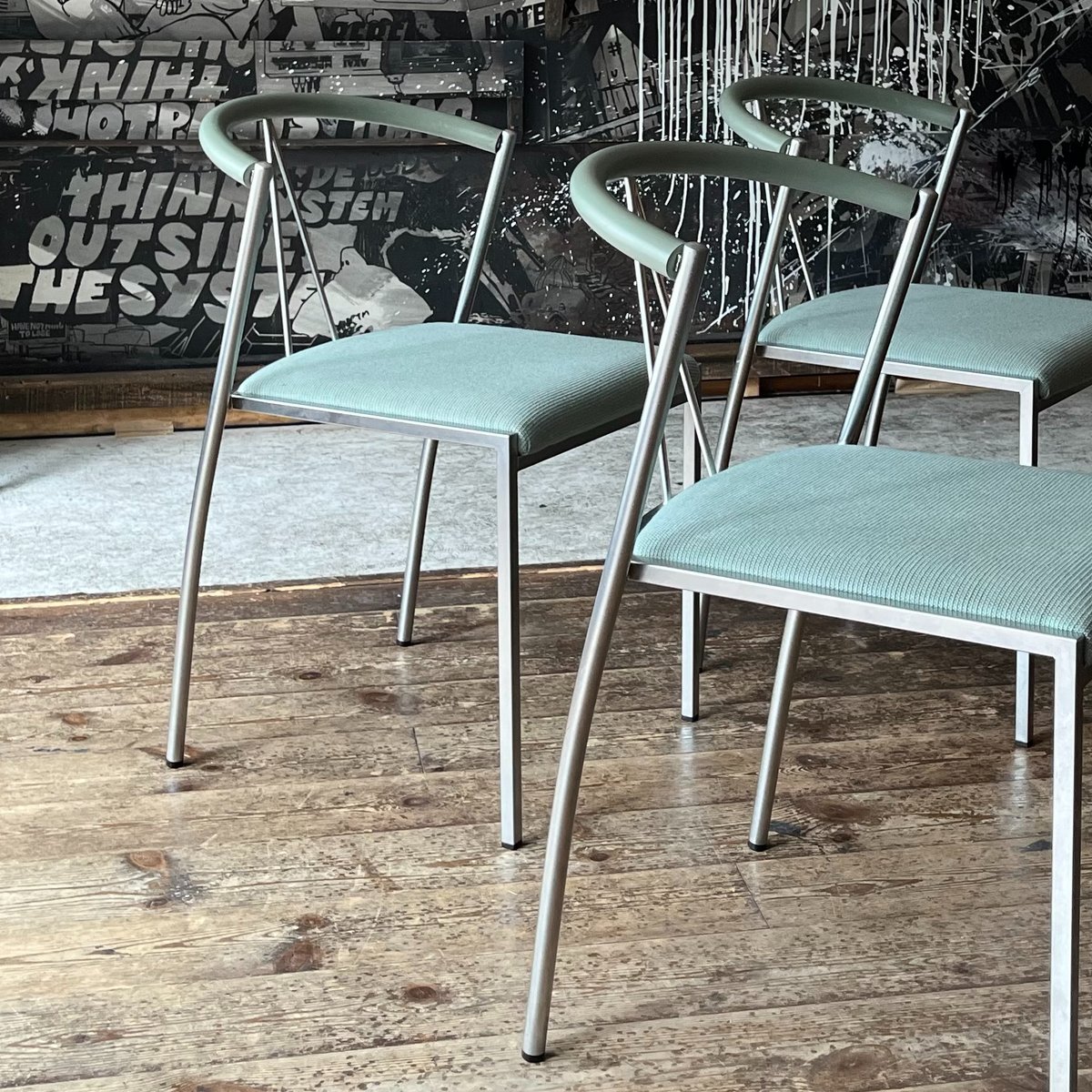 USED POSTMODERN METAL FRAME FABRIC STACKING CHA