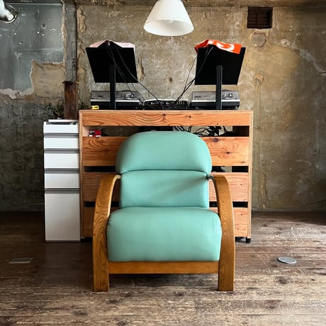 JAPAN USED WOODEN FLAME VINYL LEATHER ARMCHAIR