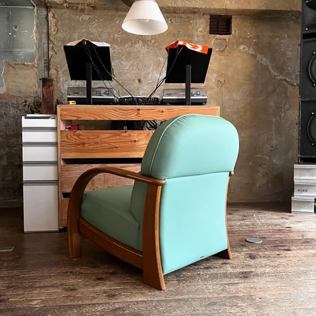 JAPAN USED WOODEN FLAME VINYL LEATHER ARMCHAIR