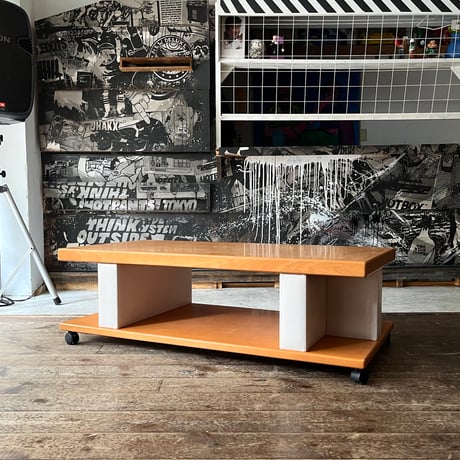 USED WOODEN & VINYL LEATHER CARRY LOW TABLE
