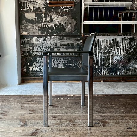 JAPAN USED STEEL LEG VINYL LEATHER ARM CHAIR