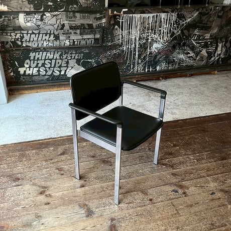 JAPAN USED STEEL LEG VINYL LEATHER ARM CHAIR