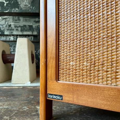 JAPAN USED "KARIMOKU" WOODEN FLAME RATTAN UMBRELLA STAND