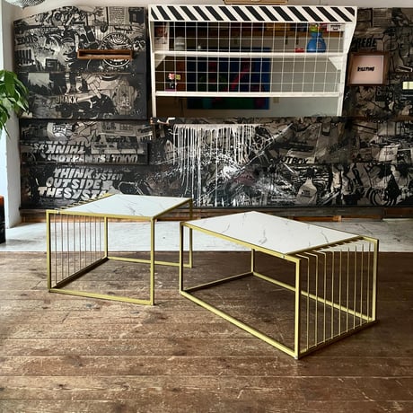 USED STEEL LEG WOODEN TOP BOARD NEST TABLE