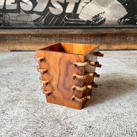USED WOOD & WICKER TABLE TRASH CAN