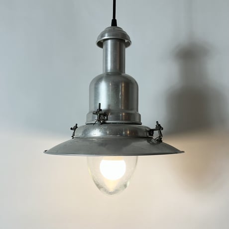 VINTAGE 30'S ALUMINUM & GLASS SHADE PENDANT LAMP