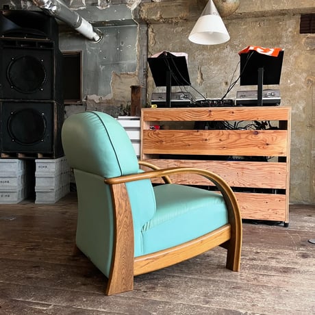 JAPAN USED WOODEN FLAME VINYL LEATHER ARMCHAIR