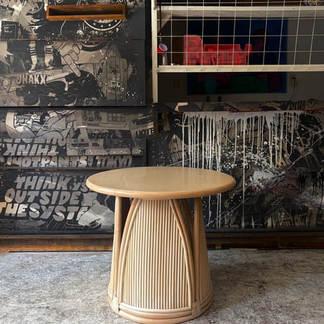 USED RATTAN LEG WOODEN ROUND DINING TABLE