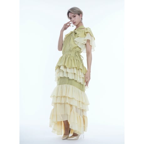 【微光沢ローン】ロングフリルワンピース（309L-D65880）