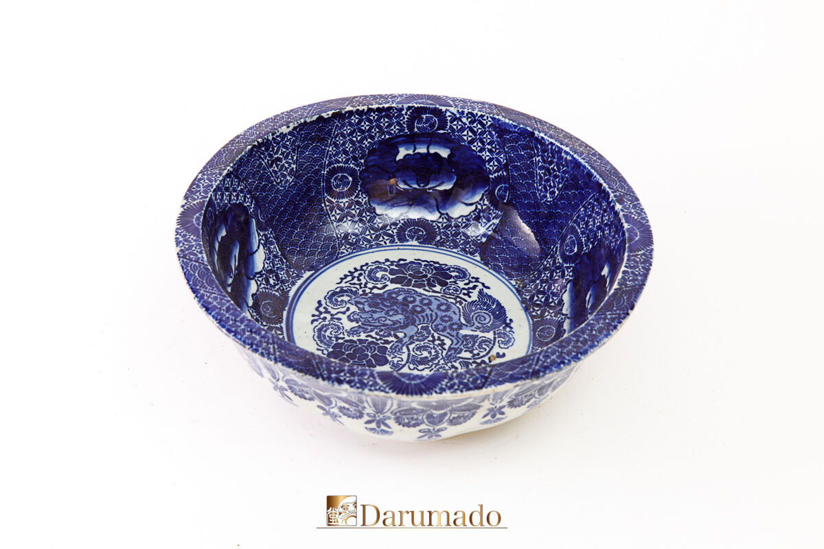 明治印判  盛鉢 大鉢 鯉牡丹文様 ベロ藍 古道具 骨董 明治印判 盛鉢 大鉢 鯉牡丹文様 ベロ藍 古道具 骨董 明治印判 盛