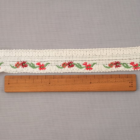 赤いお花刺繍のリボン　ホワイト＜幅29mm＞