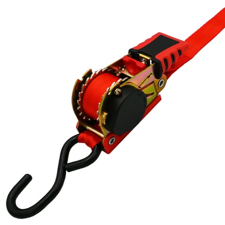 RRT-01　リトラクタブルラチェットタイダウン　赤　ストラップ　タイダウンベルト フック付き ラチェット式荷締機 固縛 ラチェットベルト 自動巻き取り