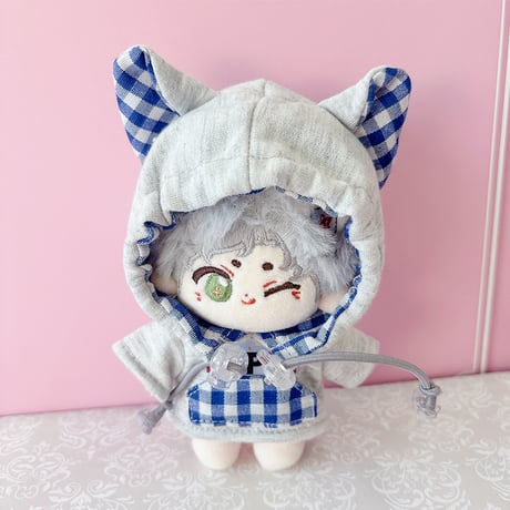 ぬい服　ぬいぐるみ用ギンガムチェック猫耳パーカー【10cm用】【推し活グッズ】