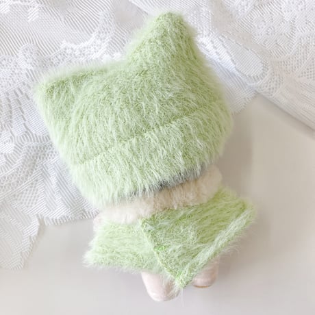 【ぬい服】猫耳ニット帽&ファーポンチョ&マフラーセット　10cmぬいぐるみ用