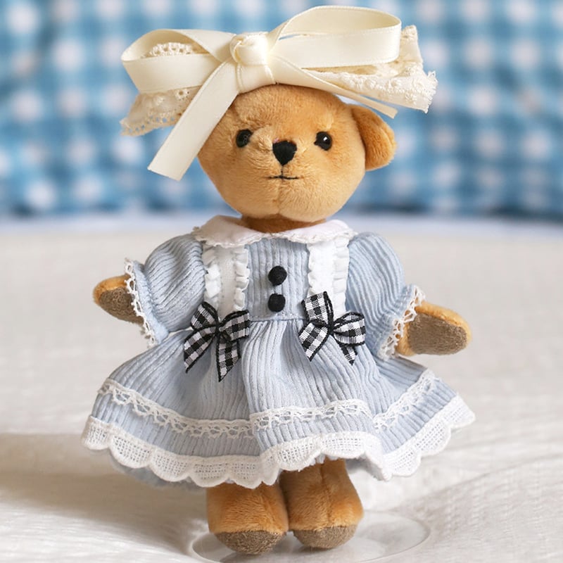 ぬい服】ギンガムチェックリボン付きコーデュロイワンピース 細身の