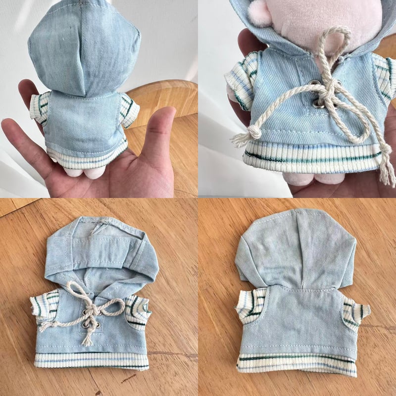 ぬい服】 10cmぬいぐるみ用 ライトブルー デニム風 フード付きパーカー