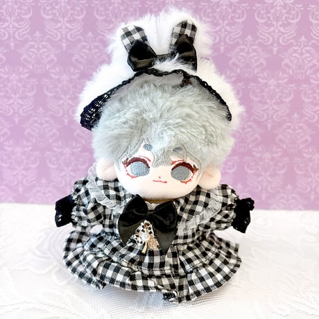 【ぬい服】ぬいぐるみ用ギンガムチェックワンピース&うさ耳ヘッドドレスセット【10~15cm用】【推し活グッズ】
