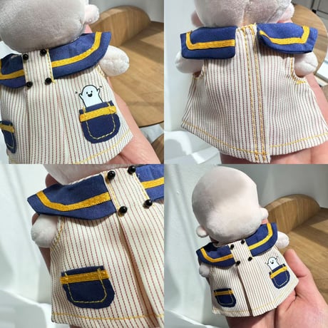 【ぬい服】 おばけのストライプ柄 セーラー襟ワンピース ぬい服