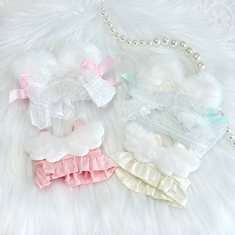【ぬい服】ぬいぐるみ用羽付きワンピース&ふわふわうさ耳ヘッドバンドセット(10cm用)【推し活グッズ】