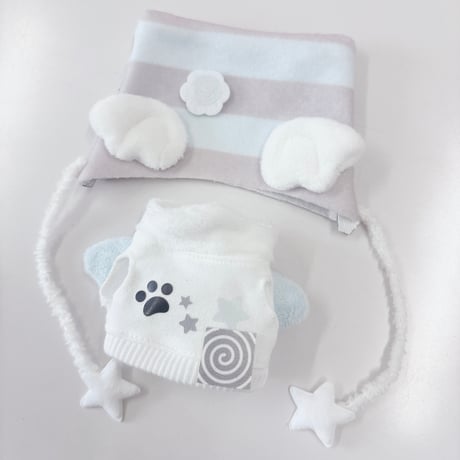 ぬい服　猫耳ニット帽&羽付きスウェットセット　10cm用【推し活グッズ】
