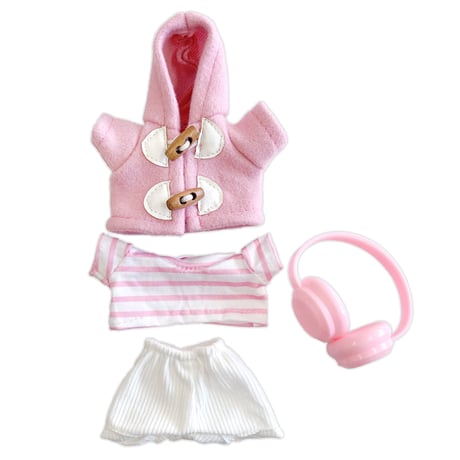 【ぬい服】ダッフルコート&ボーダーシャツ&パンツ&ヘッドホンセット　10cm用